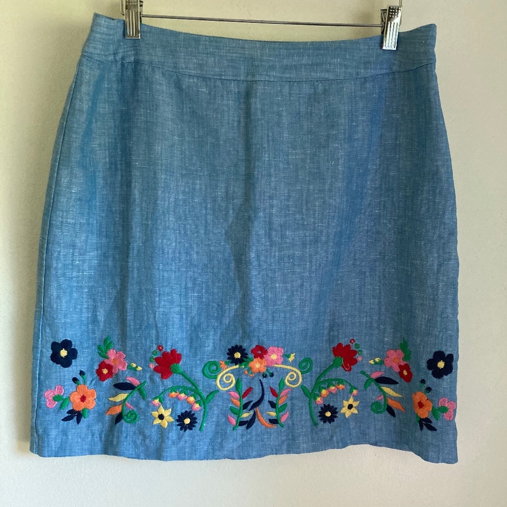 Talbots Blue Skirt with Colorful Floral Embroidery